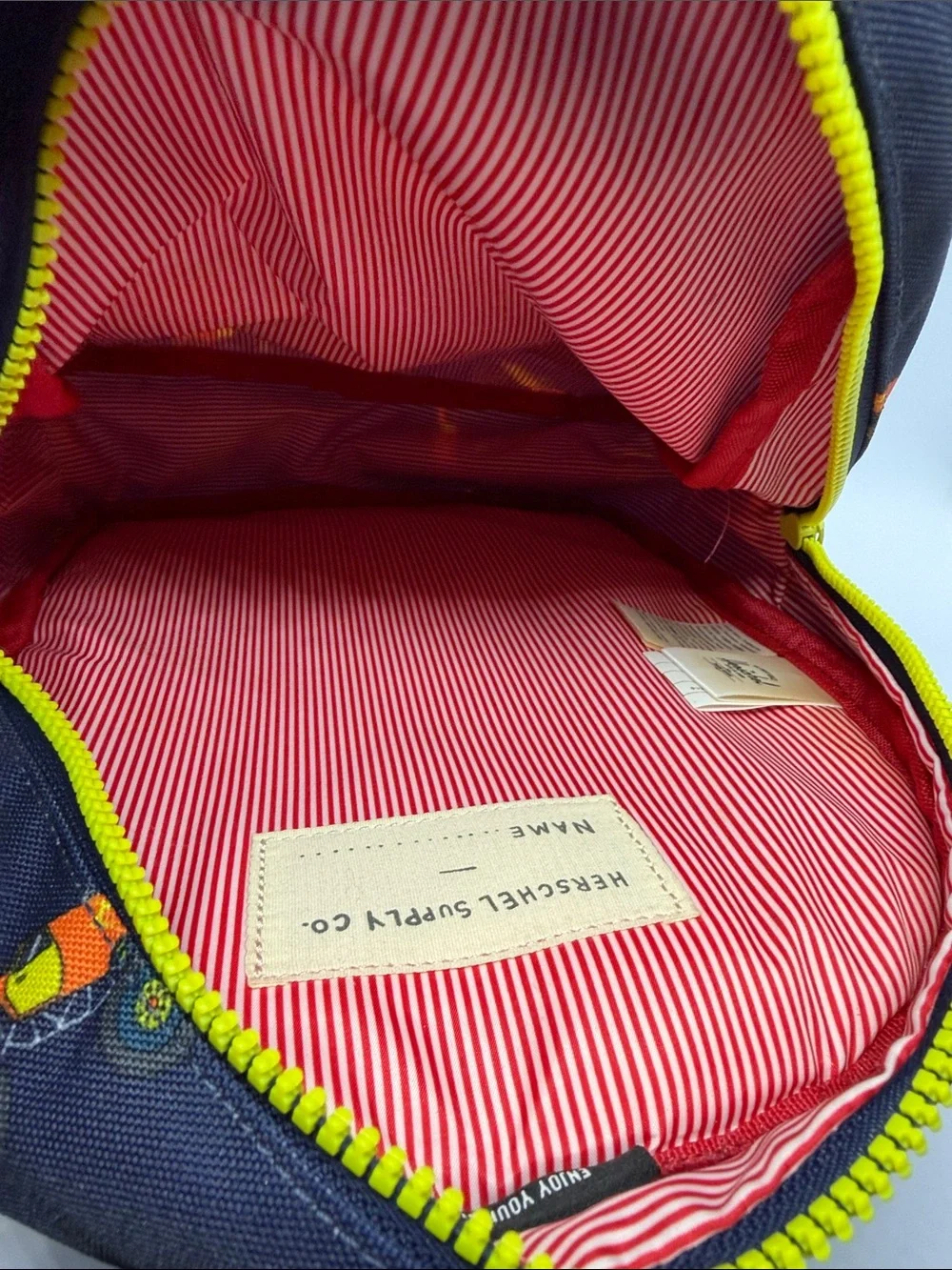 Navy Kids Backpack with Neon Yellow Accent and Racecar Print